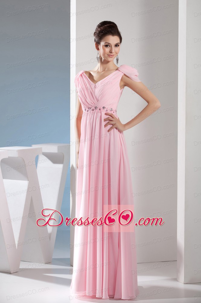Beading V-neck Empire long Pink Prom Dress with Side Zipper