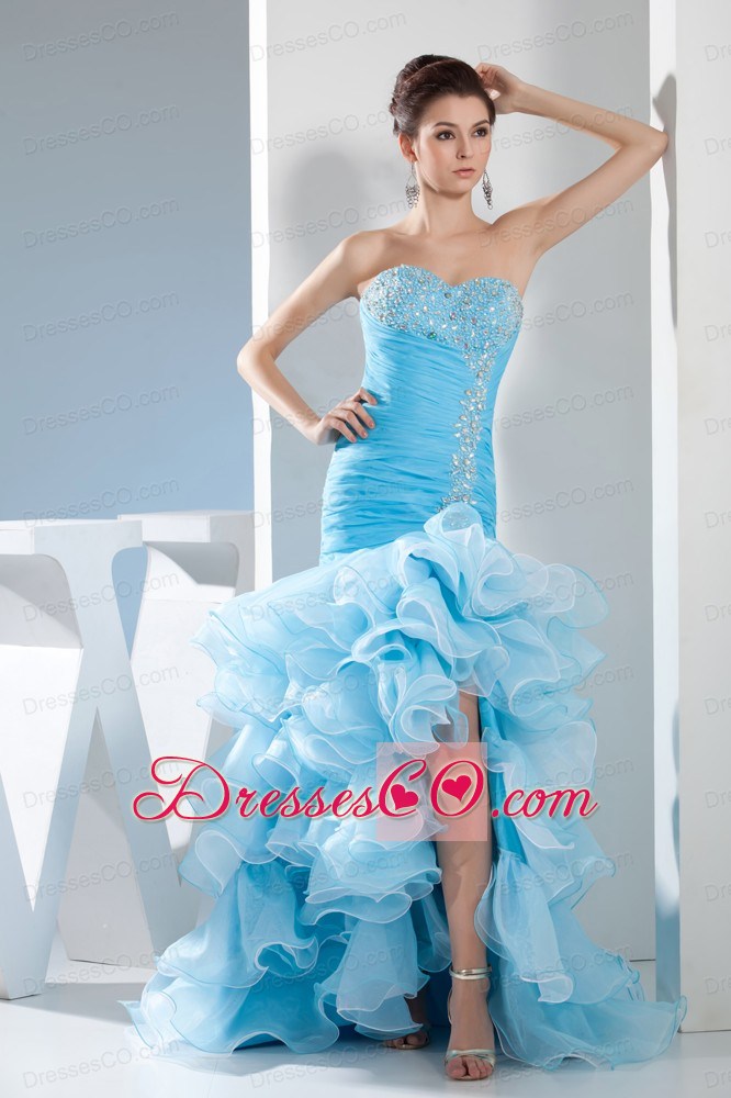 Beading Mermaid High low Aqua Blue Prom Dress