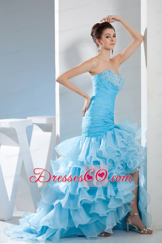 Beading Mermaid High low Aqua Blue Prom Dress
