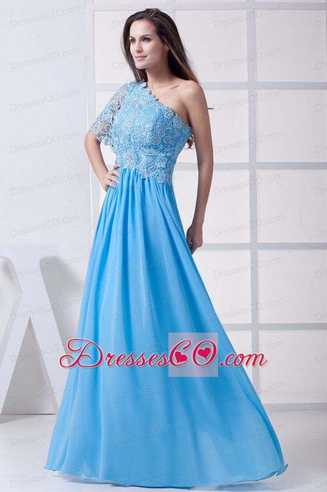 Lace One Shoulder Long Baby Blue Prom Dress
