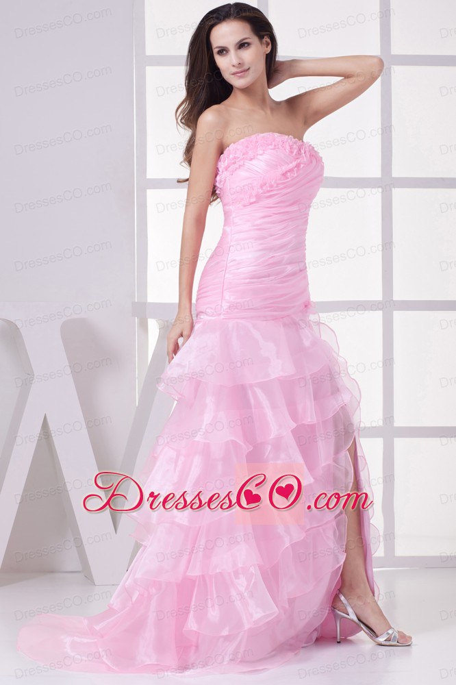 Pink High Slit Ruching and Ruffles Layers Prom Dress