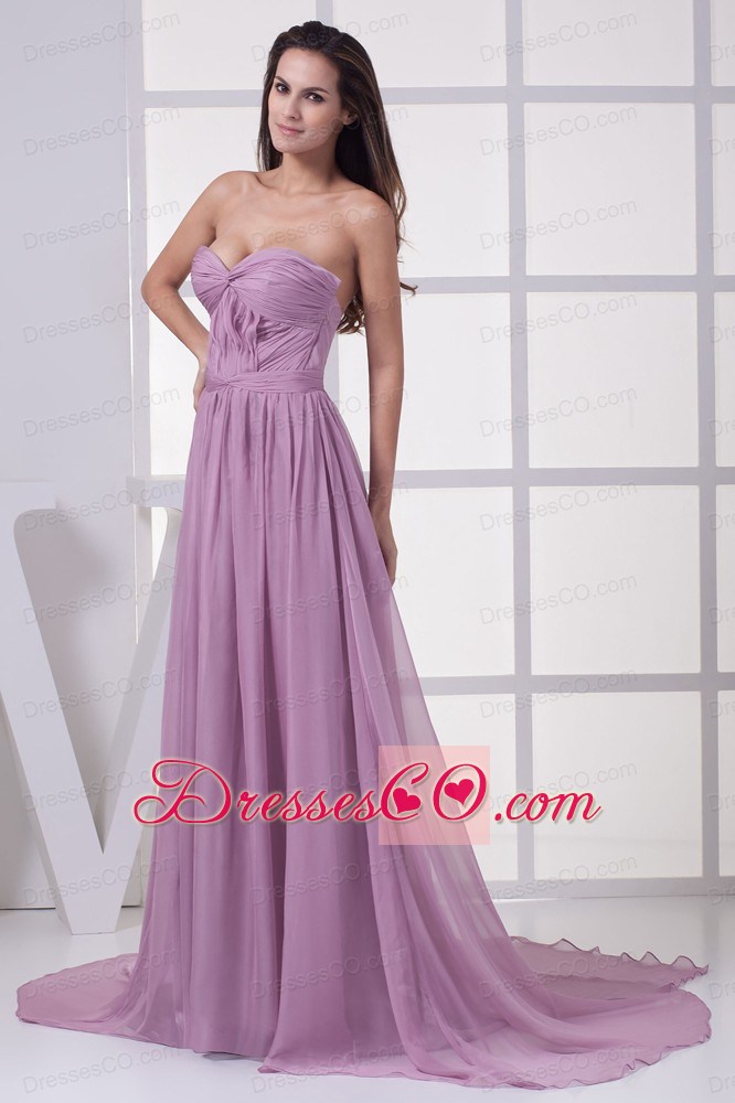 Lavender Ruching Court Train Prom Dress