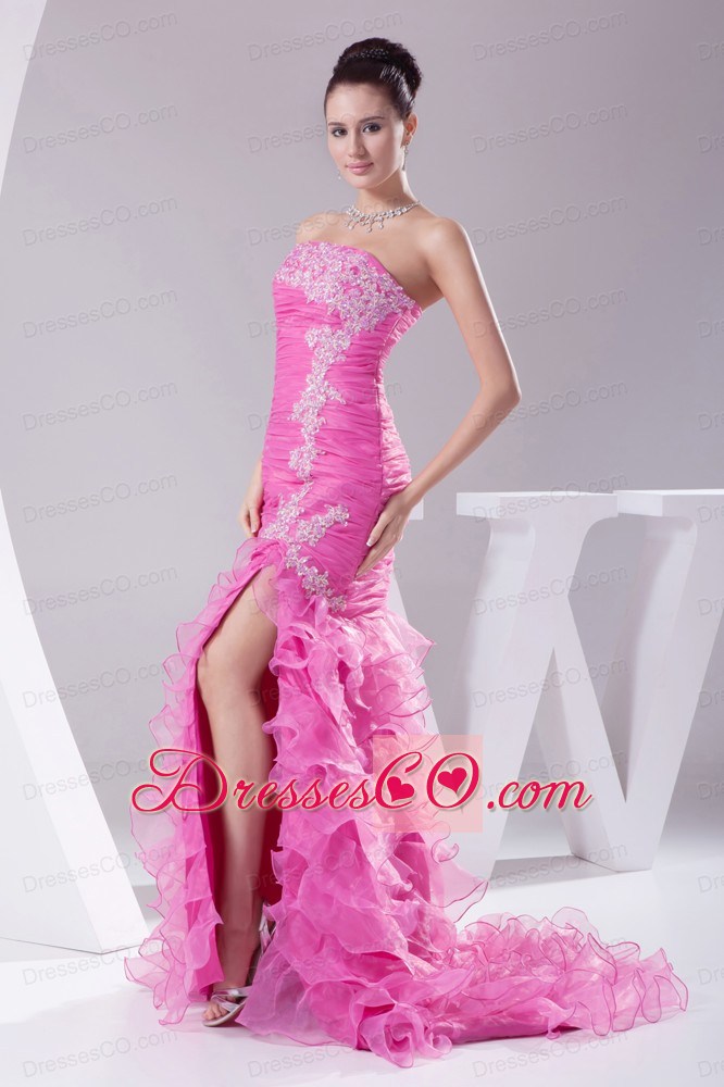 Mermaid Hot Pink Appliques Ruching Ruffled Layers Prom Dress