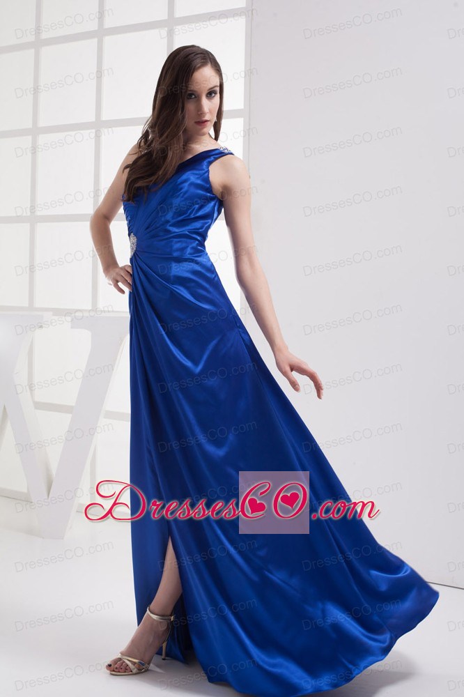 Royal Blue High Slit Ruching Beading Prom dress