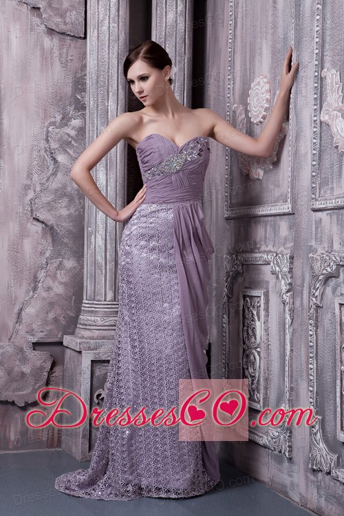 Lavender Column Evening Dress Special Fabric and Chiffon Beading Brush Train