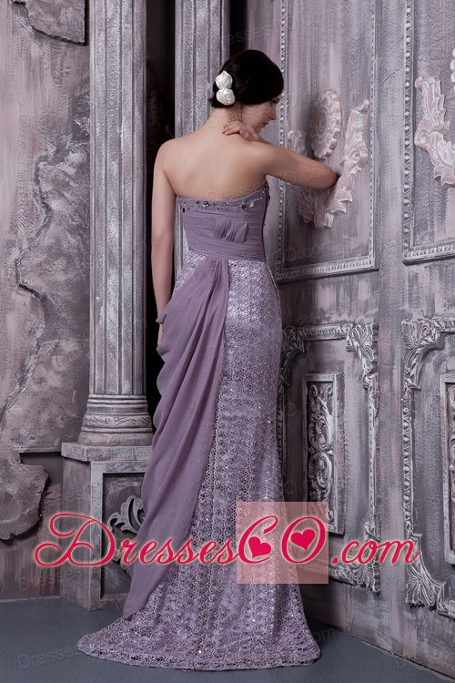Lavender Column Evening Dress Special Fabric and Chiffon Beading Brush Train
