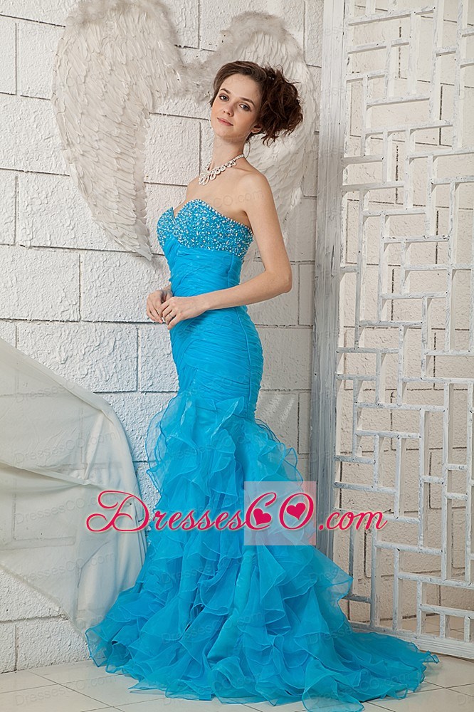 Sky Blue Mermaid Organza Beading Brush Train Prom Dress