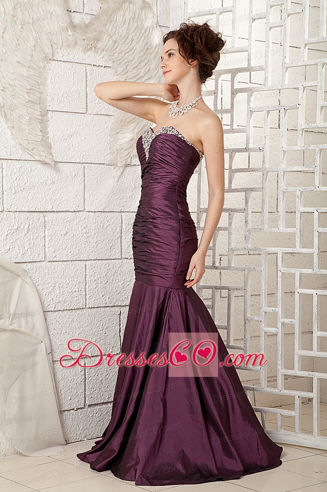 Popular Dark Purple Prom Dress Taffera Beading Brush Train