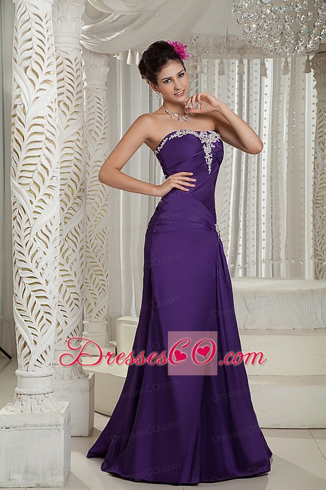 Customize Purple Column Strapless Appliques Brush Train Prom Dress