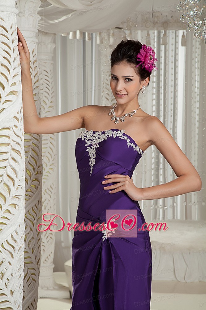 Customize Purple Column Strapless Appliques Brush Train Prom Dress