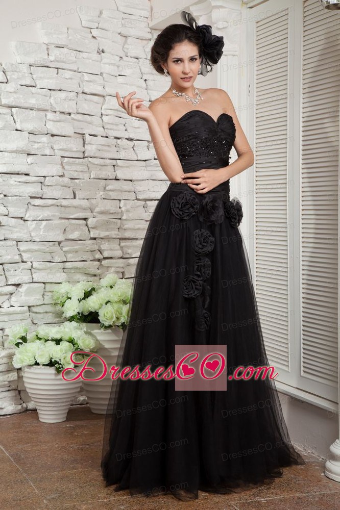 Modest Black Empire Beading And Hand Made Flowers Tulle Long Prom Pageant Dress