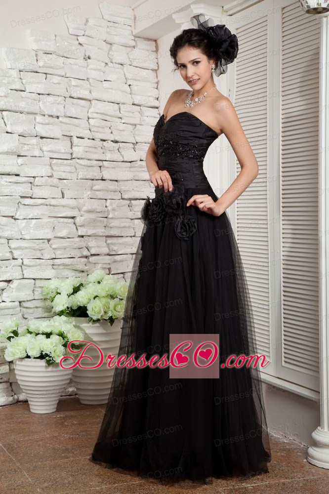 Modest Black Empire Beading And Hand Made Flowers Tulle Long Prom Pageant Dress