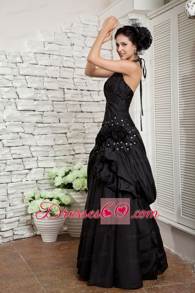 Exquisite Black Dress A-line Halter Taffeta Hand Made Flowers Long