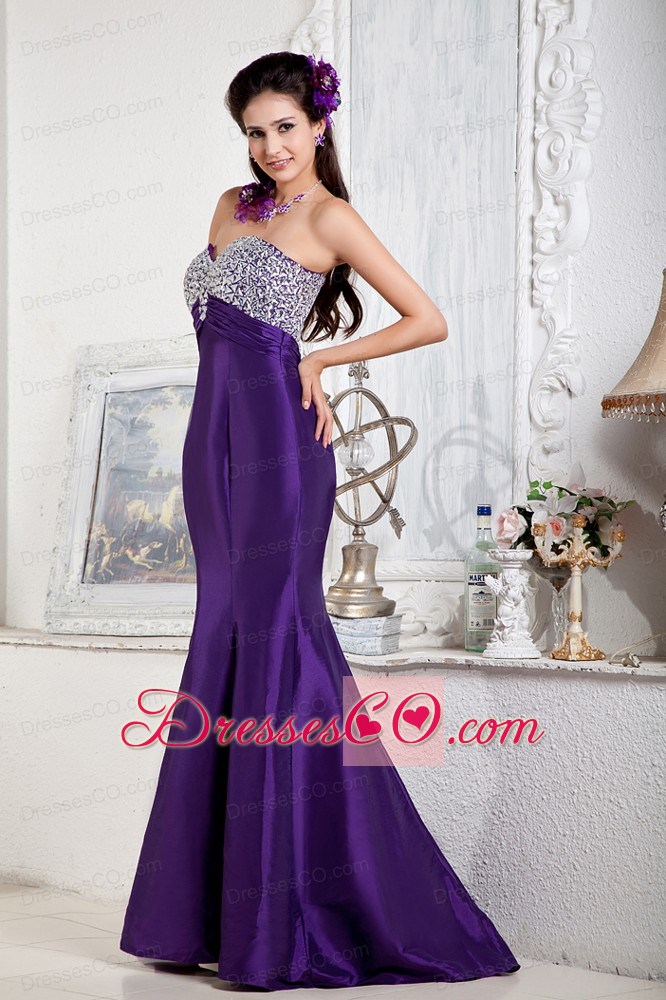 Long Purple Mermaid Evening Dress Satin Beading Long