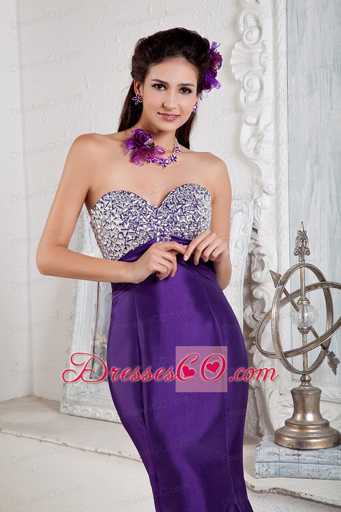 Long Purple Mermaid Evening Dress Satin Beading Long
