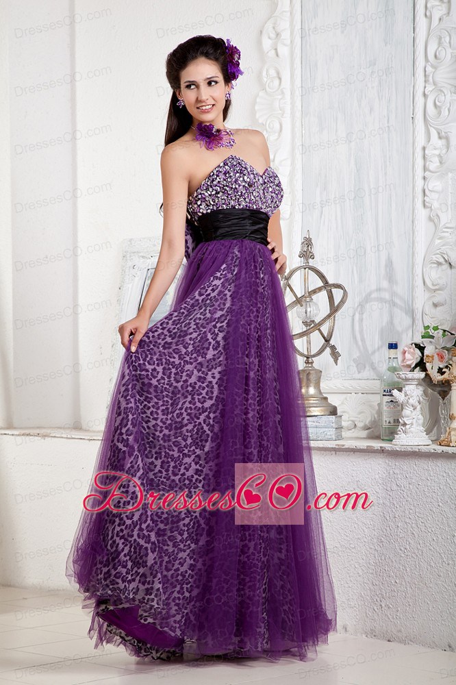 Affordable Purple Empire Prom Dress Tulle And Leopard Beading And Bow Long