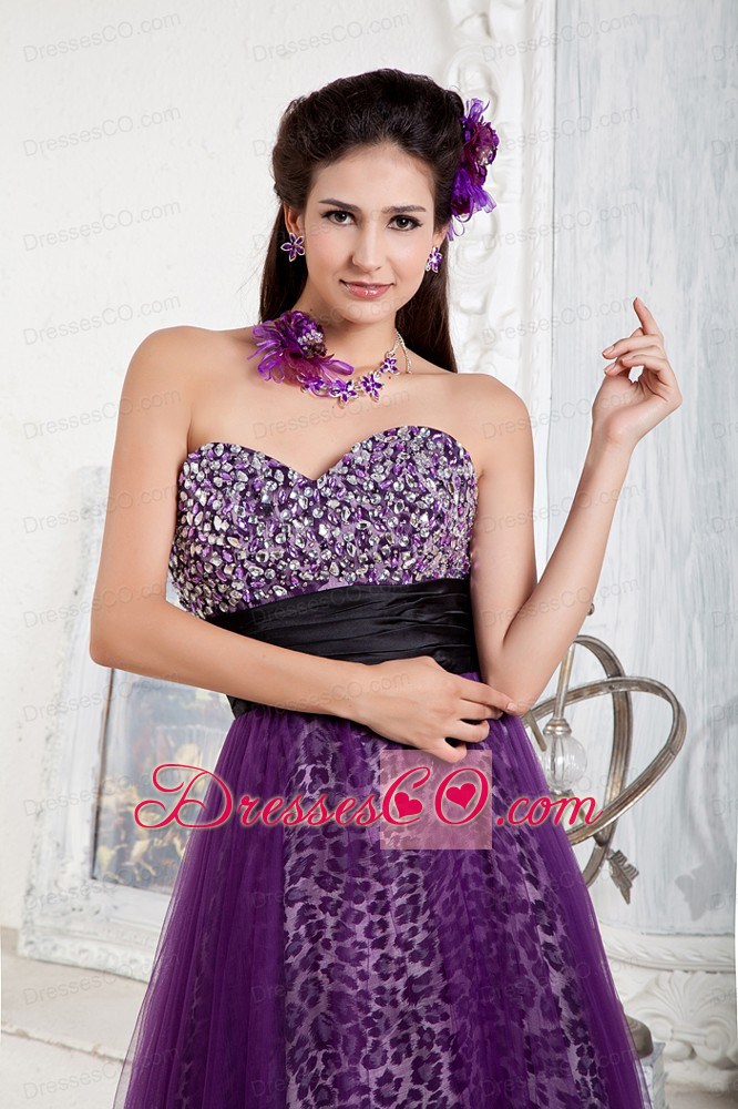 Affordable Purple Empire Prom Dress Tulle And Leopard Beading And Bow Long