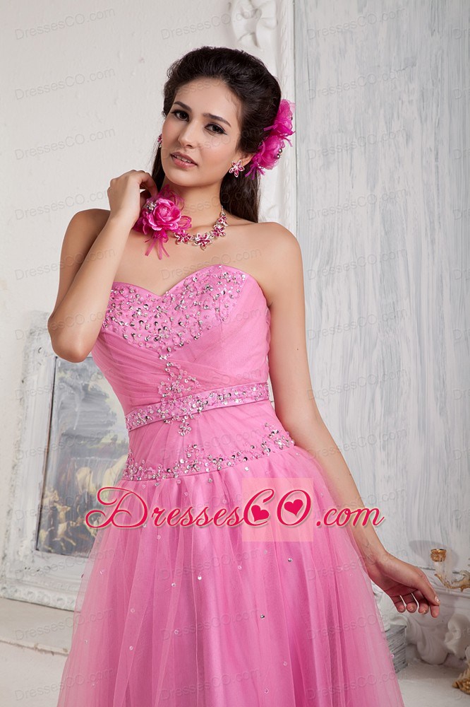 Rose Pink Prom Dress For Custom Made Empire Long Tulle Beading