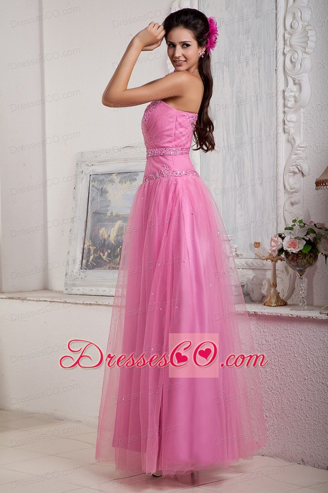 Rose Pink Prom Dress For Custom Made Empire Long Tulle Beading