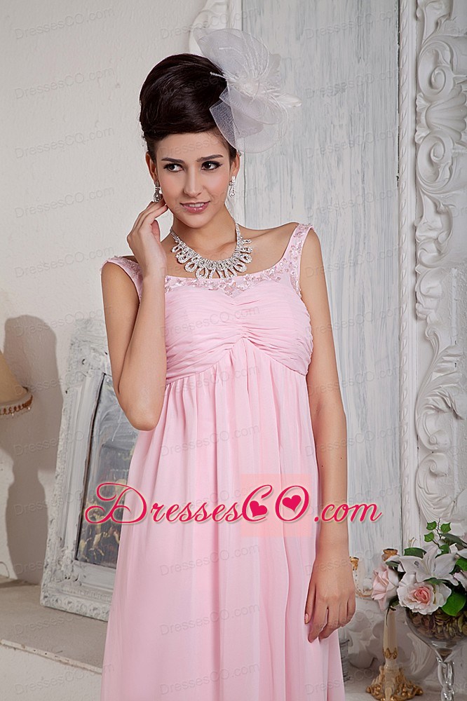 Fashionable Baby Pink Empire Scoop Prom Dress Chiffon Beading Long