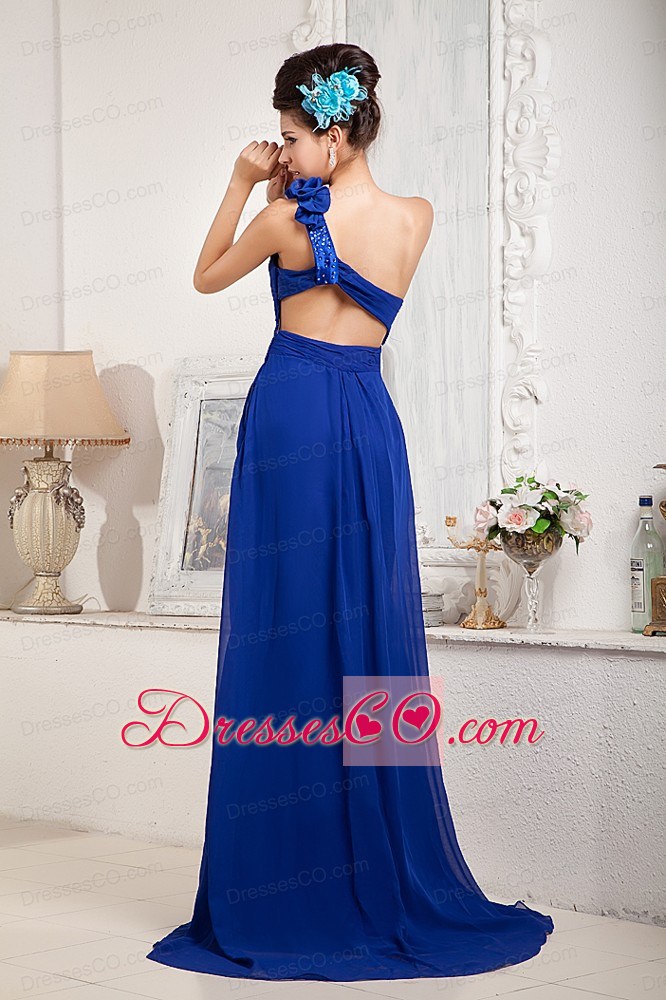 Modest Royal Blue A-line / Princess Prom Dress One Shoulder Chiffon Beading and Bow Brush Train