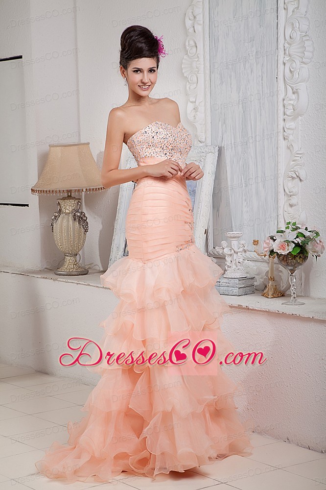 Informal Baby Pink Column Prom Dress Organza Beading Long