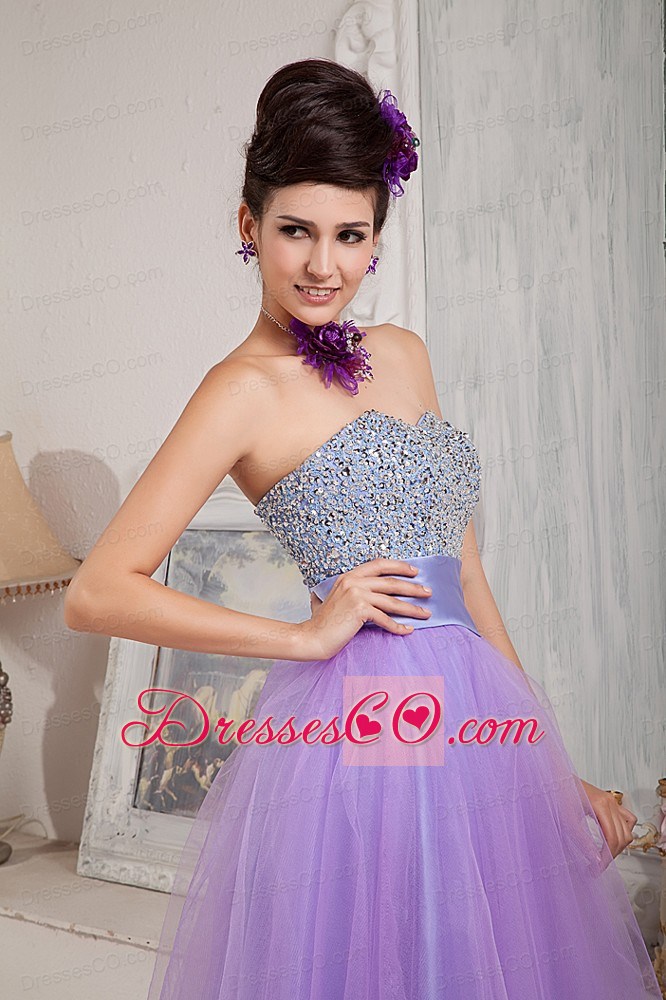 Exquisite Lavender Prom Dress A-line / Princess Strapless Beading Long Tulle