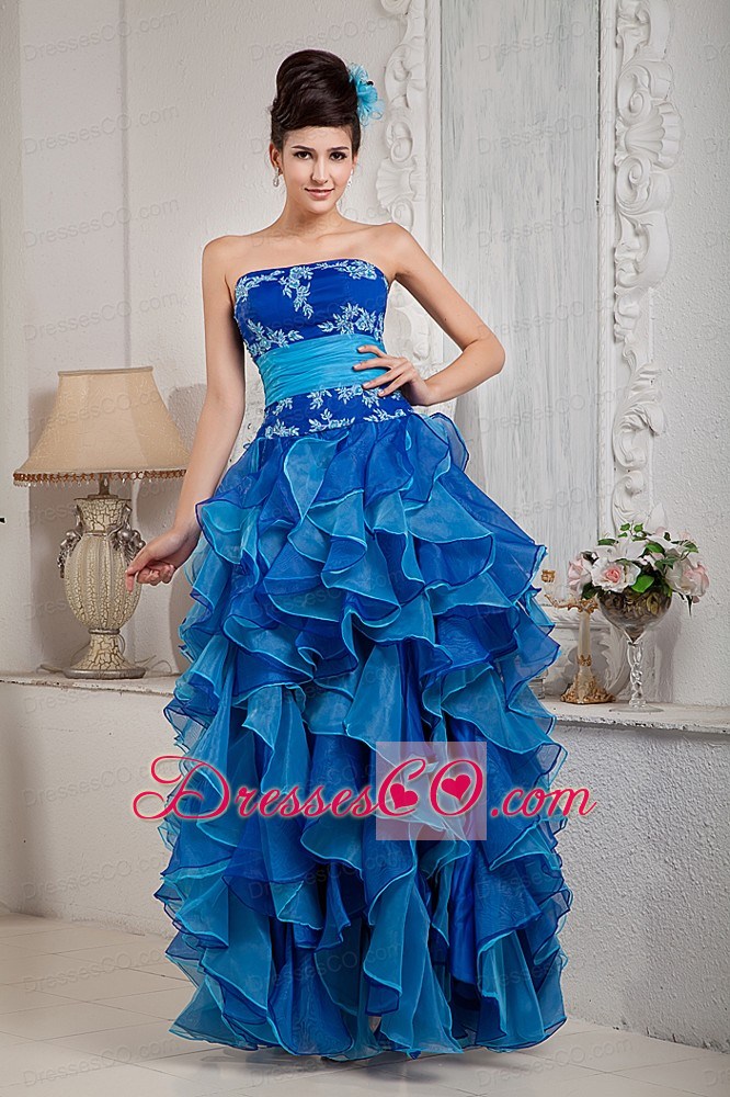 Exclusive Blue Empire Prom Dress Strapless Organza Appliques Long