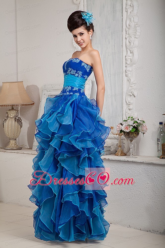 Exclusive Blue Empire Prom Dress Strapless Organza Appliques Long
