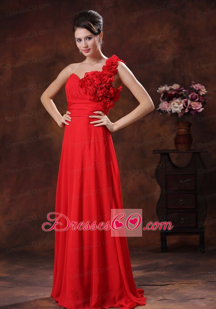 Empire Chiffon Flowers Decorate Shoulder Red Prom Dress