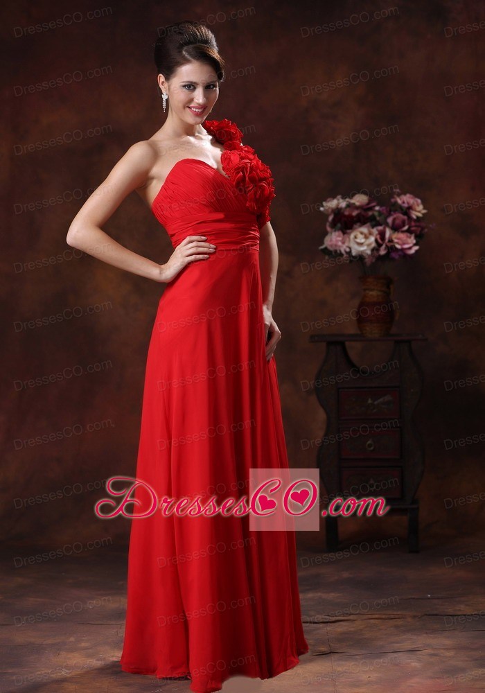 Empire Chiffon Flowers Decorate Shoulder Red Prom Dress