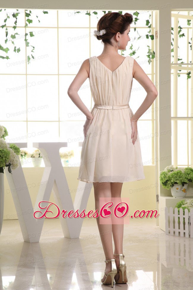 Bateau Belt And Champagne For Prom Dress With Mini-length
