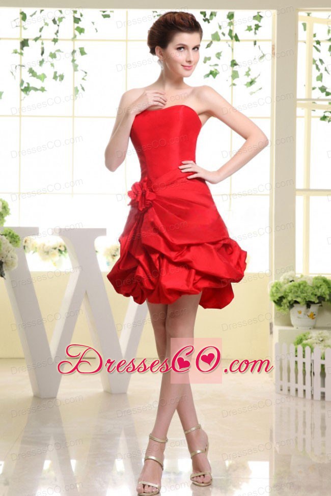 Strapless Red and Hand Made Flower For Prom Dress With Pick-ups