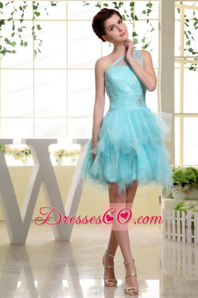 One Shoulder Baby Blue and Beading For Prom Dress With Ruffles