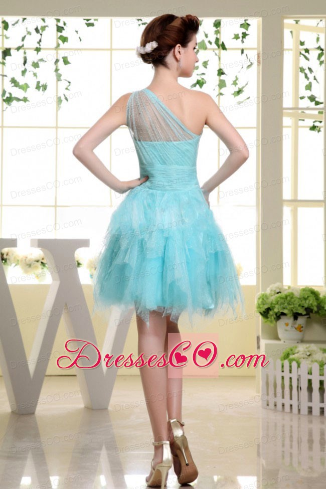 One Shoulder Baby Blue and Beading For Prom Dress With Ruffles