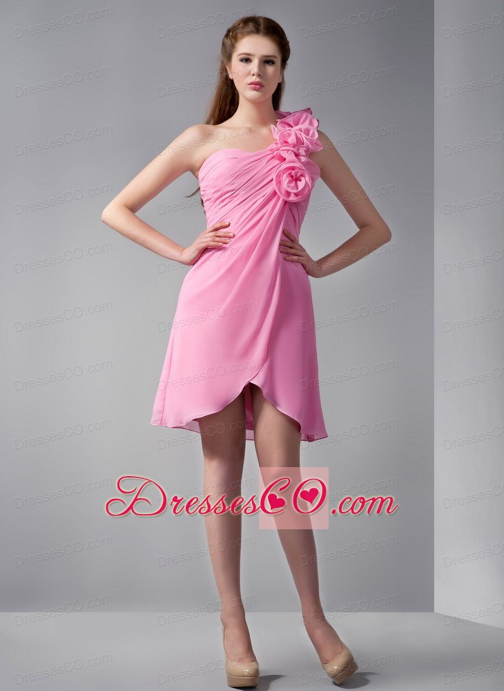 Pink Empire One Shoulder Mini-length Chiffon Hand Made Flowers Prom Dress