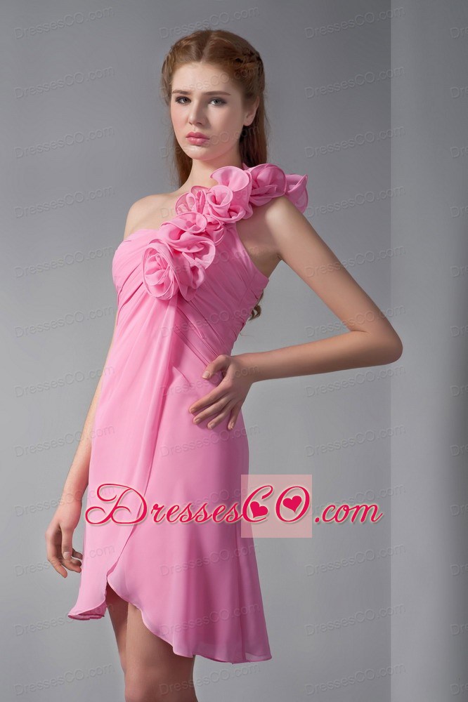 Pink Empire One Shoulder Mini-length Chiffon Hand Made Flowers Prom Dress