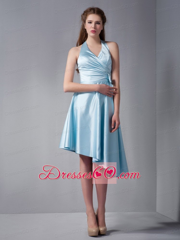 Sky Blue A-line Halter Asymmetrical  Ruched Prom Dress