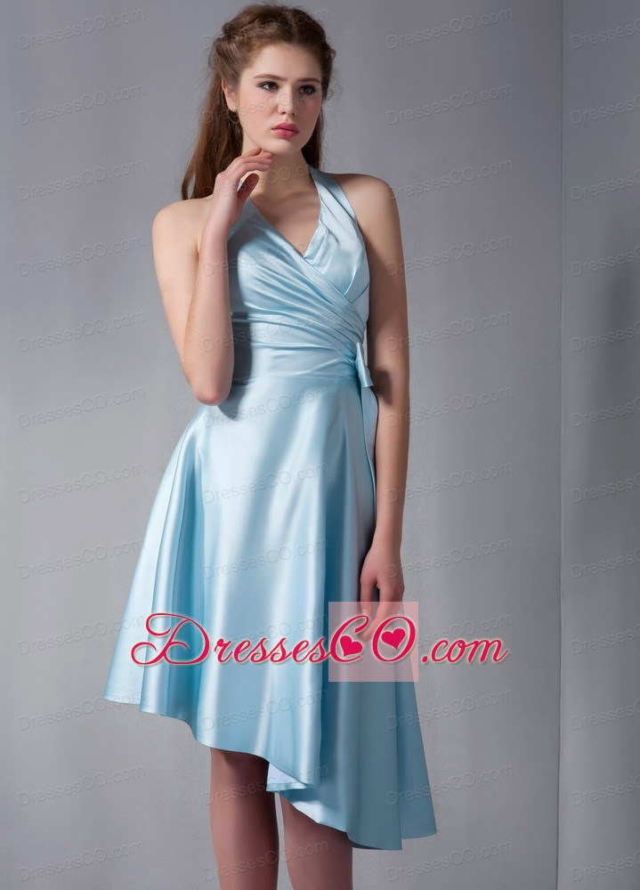 Sky Blue A-line Halter Asymmetrical  Ruched Prom Dress