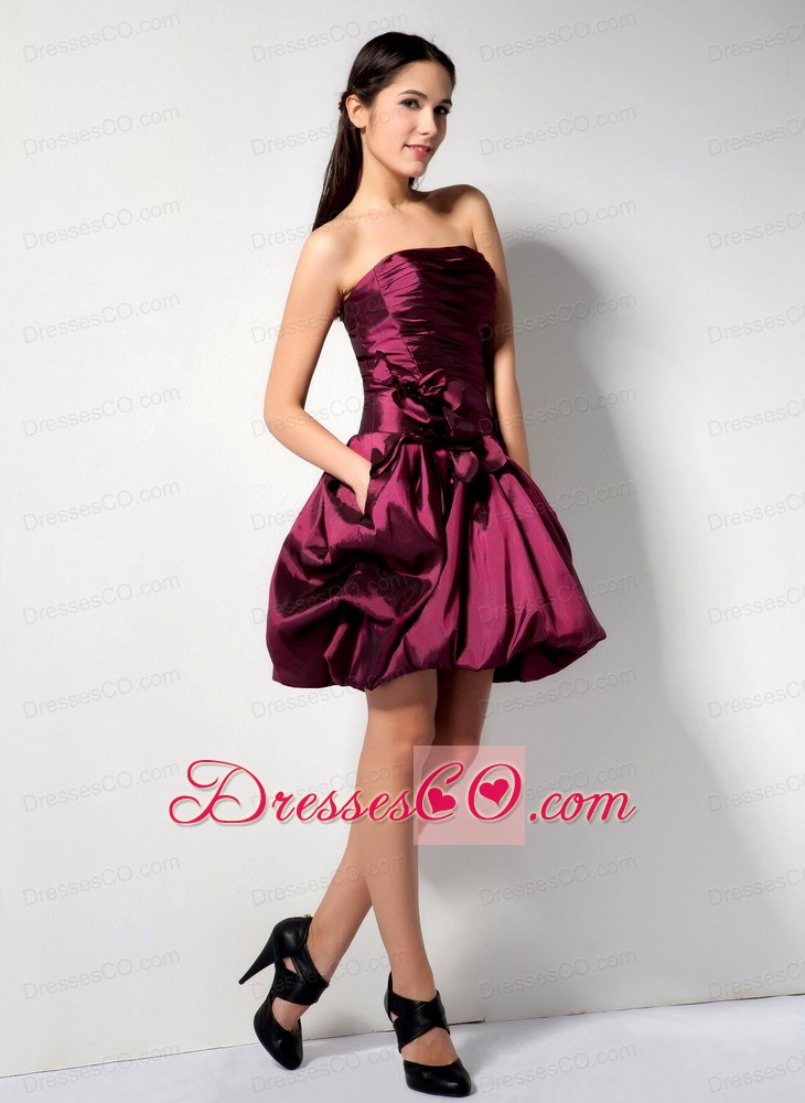 Customize A-line Strapless Hand Made Flower Mini-length Taffeta Prom Party Dress