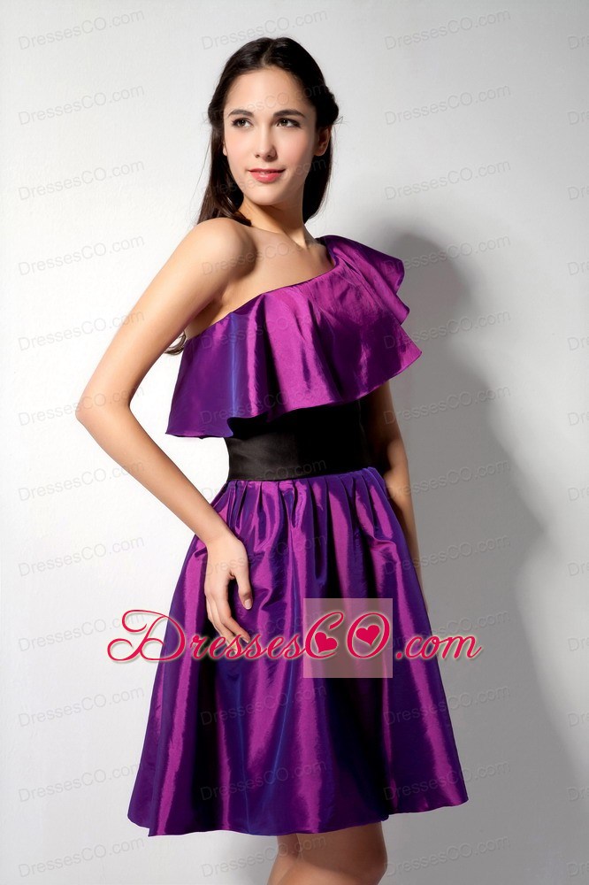 The Most Popular Eggplant Purple A-line One Shoulder Knee-length Taffeta Belt Party Dress