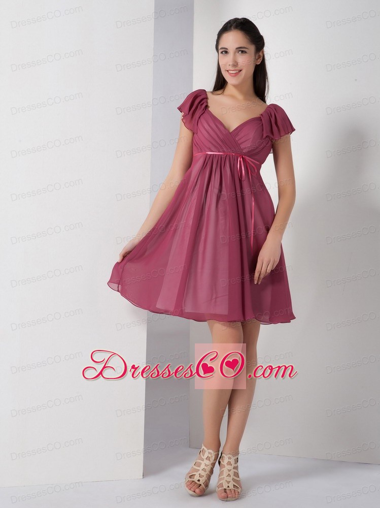Customize Ruched Knee-length A-line V-neck Prom Party Dress