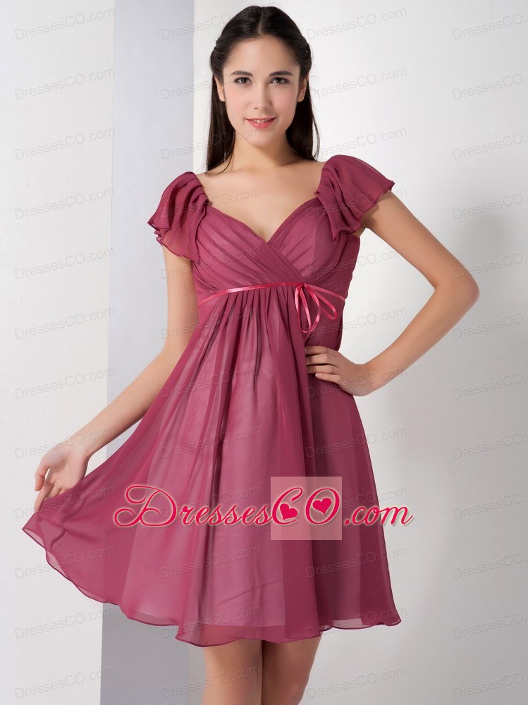 Customize Ruched Knee-length A-line V-neck Prom Party Dress