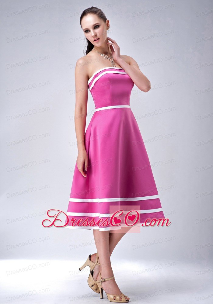 Hot Pink And White A-line / Princess Strapless Tea-length Party Dress