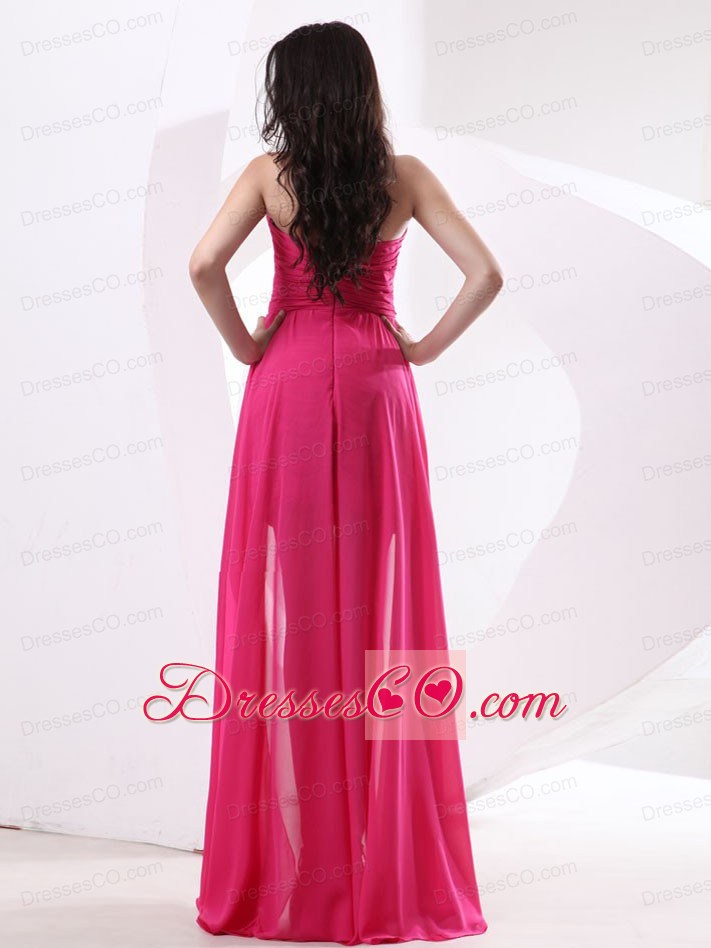 High-low Hot Pink Prom Dress With Ruched Bodice and Beading
