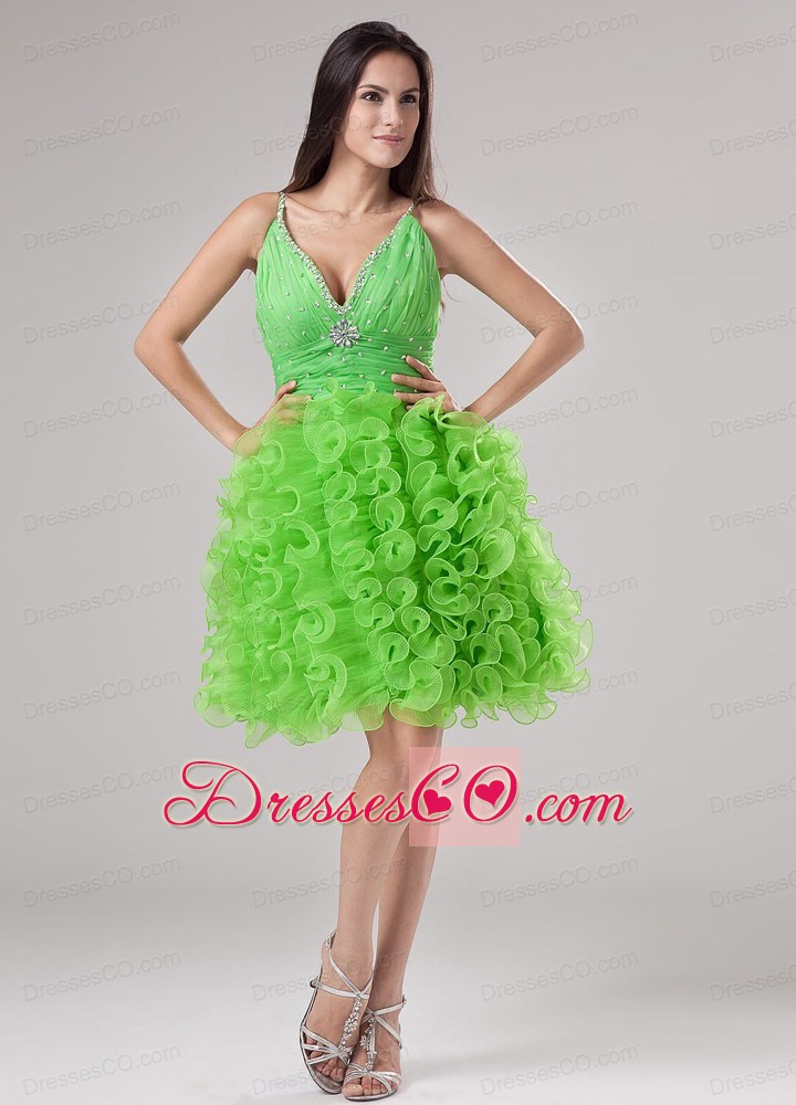 Beading And Ruffles Organza A-line V-neck Prom Dress Mini-length Spring Green