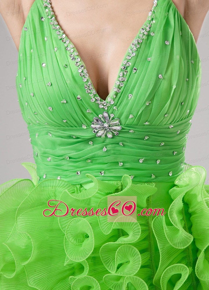 Beading And Ruffles Organza A-line V-neck Prom Dress Mini-length Spring Green