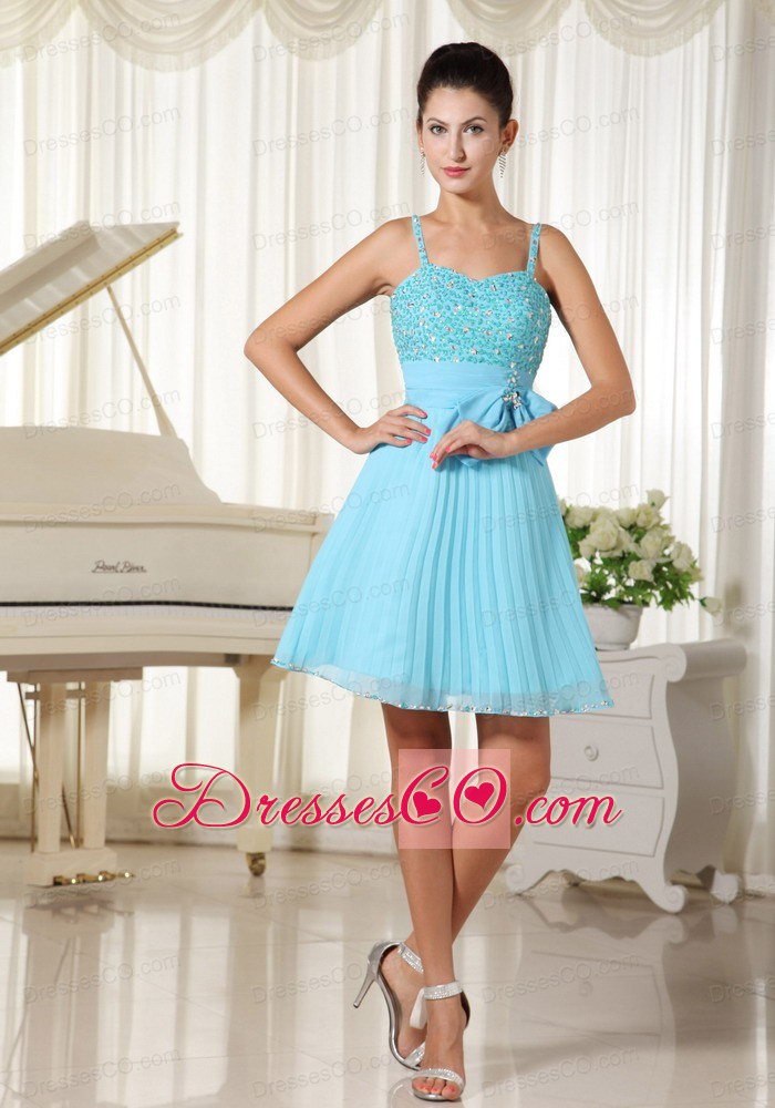 Spaghetti Straps Beaded Decorate Bowknot Aqua Blue With A-line Prom / Cocktail Dress