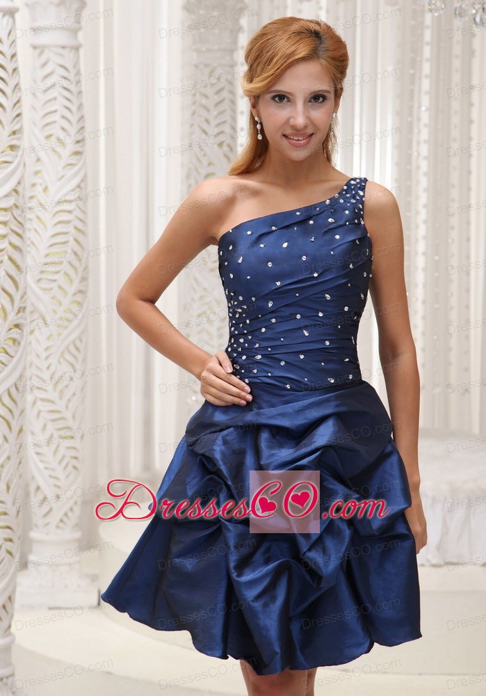 Modest Navy Blue Homecoming / Cocktail Dress For One Shoulder Knee-length Gown