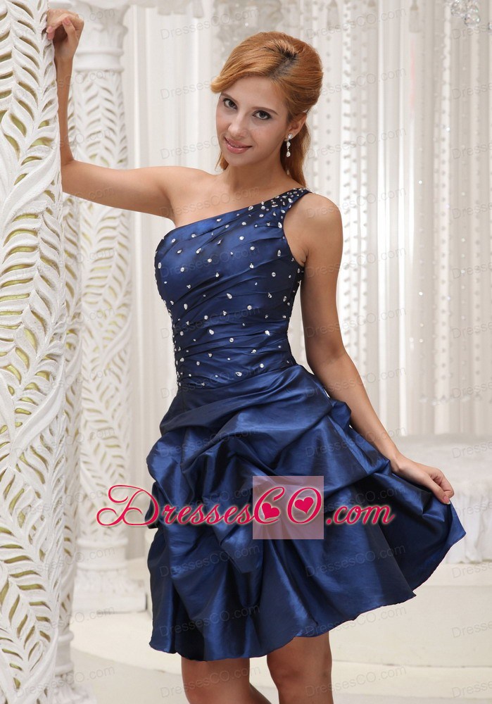 Modest Navy Blue Homecoming / Cocktail Dress For One Shoulder Knee-length Gown